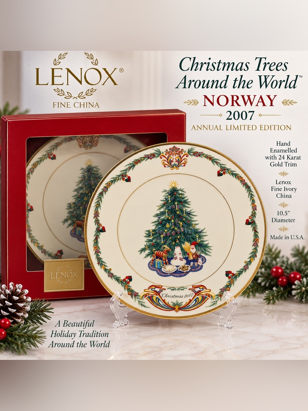 Lenox 2007 Norway Christmas Trees Around the World Plate 24K Gold